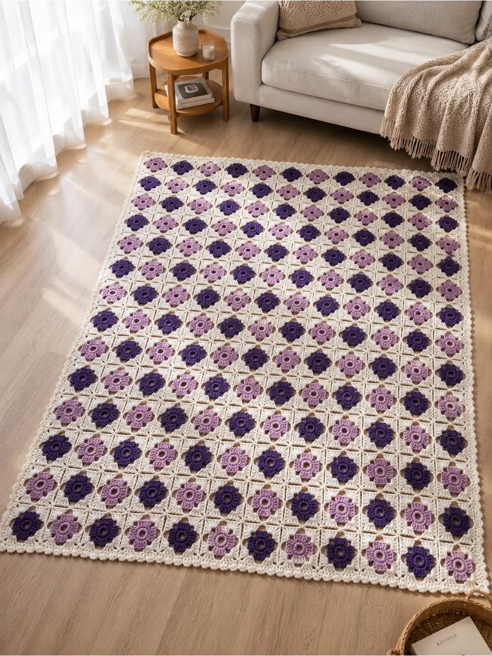 Handmade Crochet Granny Square blanket in Cream and Purple